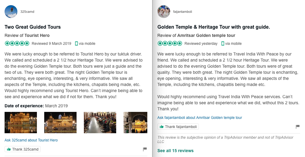 Fake reviews by Travel India With Peace